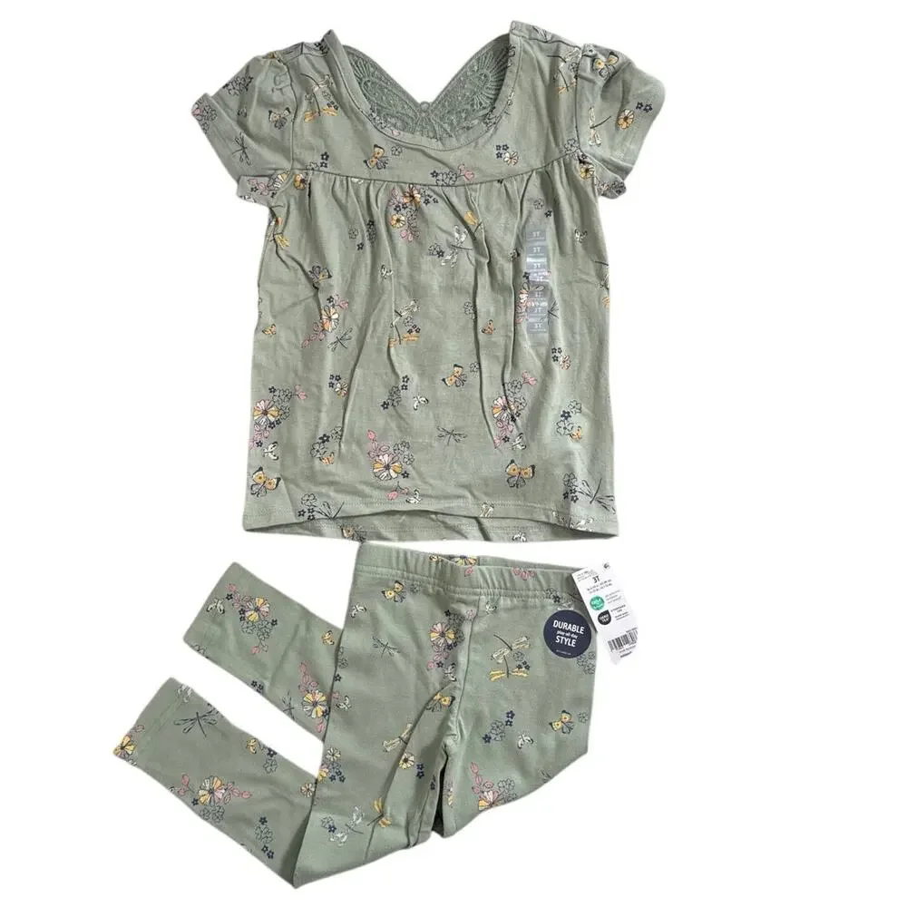 NWT‎ OshKosh Toddler Girls Sage Green Butterfly Short Sleeve Top and Leggings 3T
